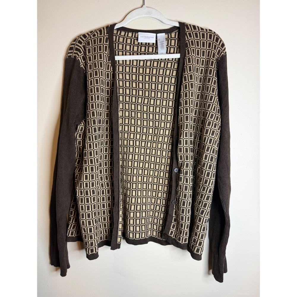 Liz Claiborne Womens L Brown Geometric Print Cotton Cardigan Vintage Retro Fall